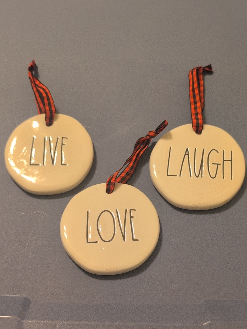 Rae Dunn Cream Ceramic 'Live, Love, Laugh' Ornaments with Orange Plaid Ribbon